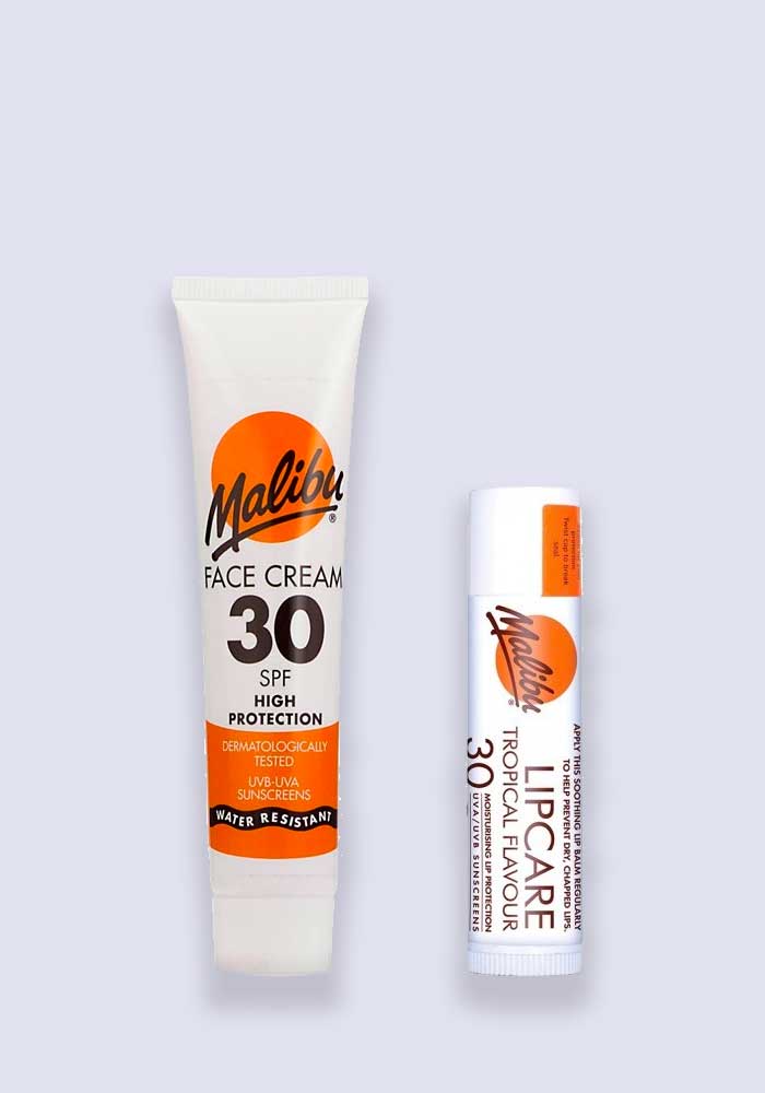 Malibu Lip Balm  Tropical Flavour SPF30 & Face Sun Cream SPF 30 40ml Twin Pack