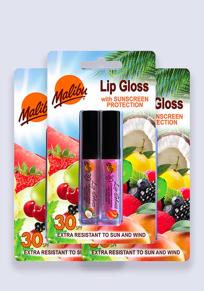 Malibu Lip Gloss Twin Pack, Coconut & Strawberry  SPF 30  3 Pack Bundle